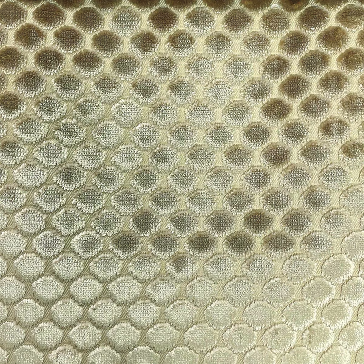 Pale olive woven swatch with mushroom-brown rounded spots and subtle surface sheen