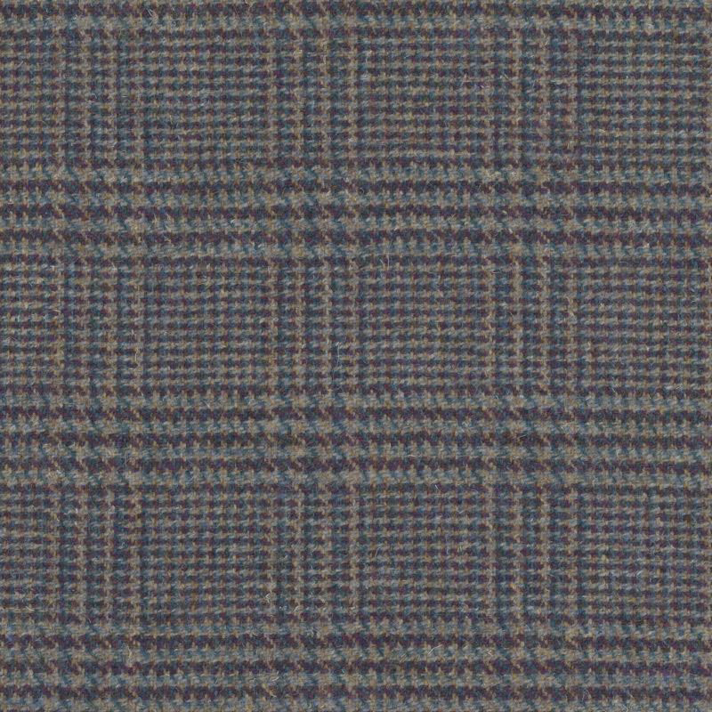 Close-up of muted teal, charcoal and brown woven check with mottled texture