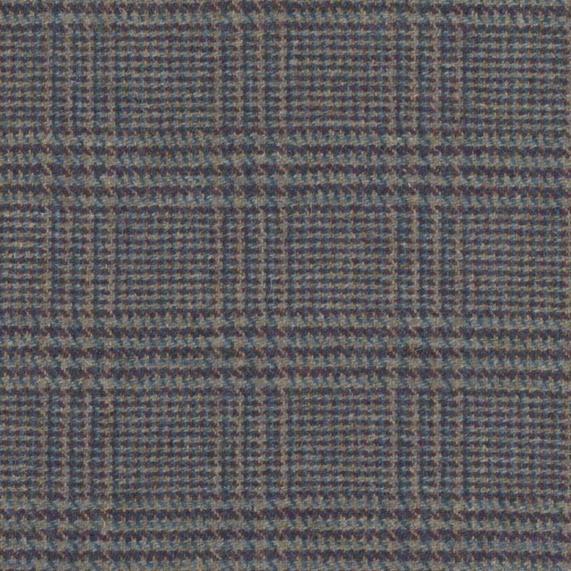 Close-up of muted teal, charcoal and brown woven check with mottled texture
