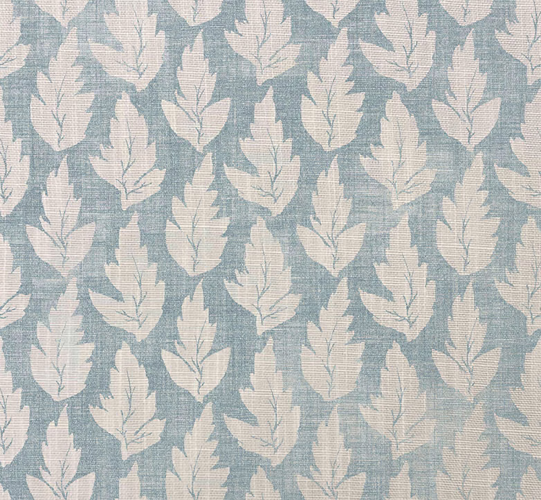 Blue-grey woven fabric with repeated ivory leaves and softly slubbed texture