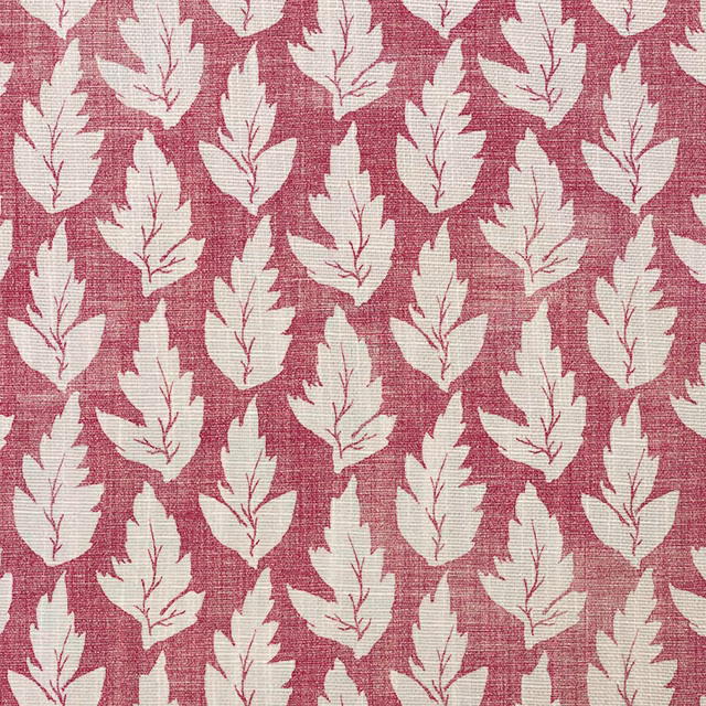 Muted raspberry woven ground with repeating ivory leaves and visible slub texture