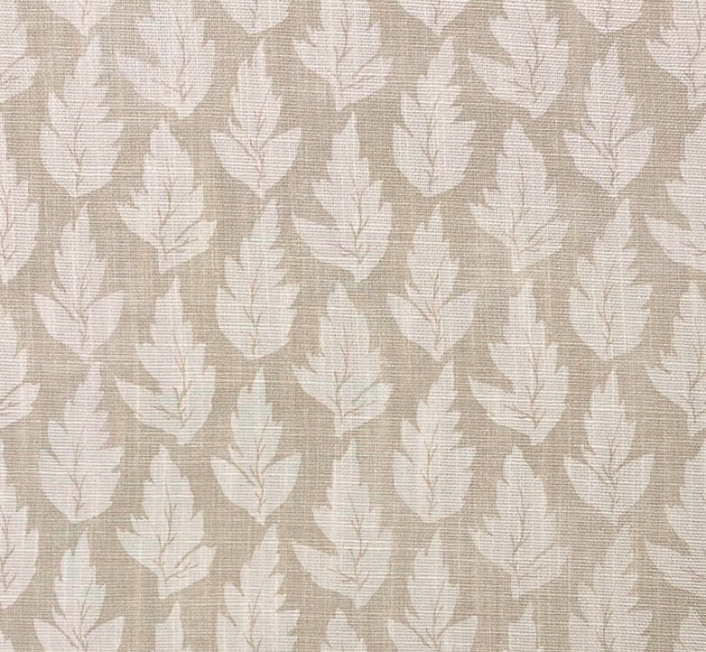 Warm taupe woven ground with repeating ivory leaves and fine vein detailing