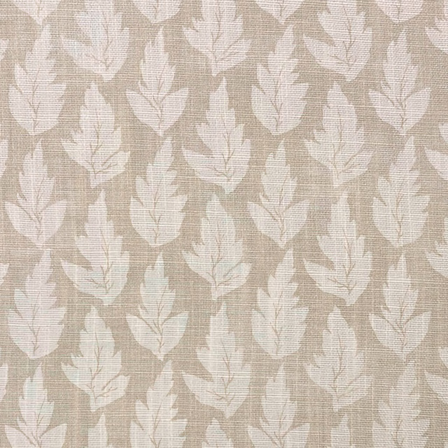 Warm taupe woven ground with repeating ivory leaves and fine vein detailing