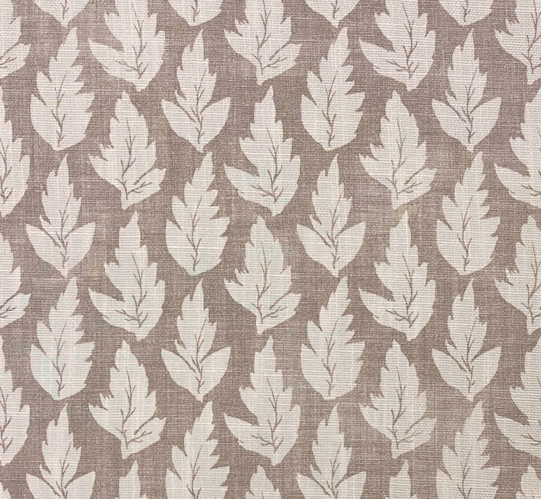 Mushroom taupe woven fabric with repeating ivory leaves and subtle slub texture