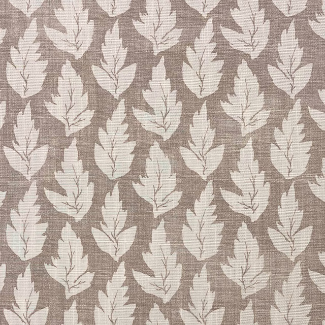 Mushroom taupe woven fabric with repeating ivory leaves and subtle slub texture