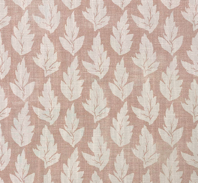 Dusty blush taupe woven fabric with repeating chalky ivory leaf motifs