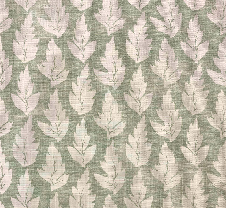 Muted sage woven fabric with repeating ivory leaves and fine botanical veins