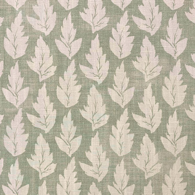 Muted sage woven fabric with repeating ivory leaves and fine botanical veins