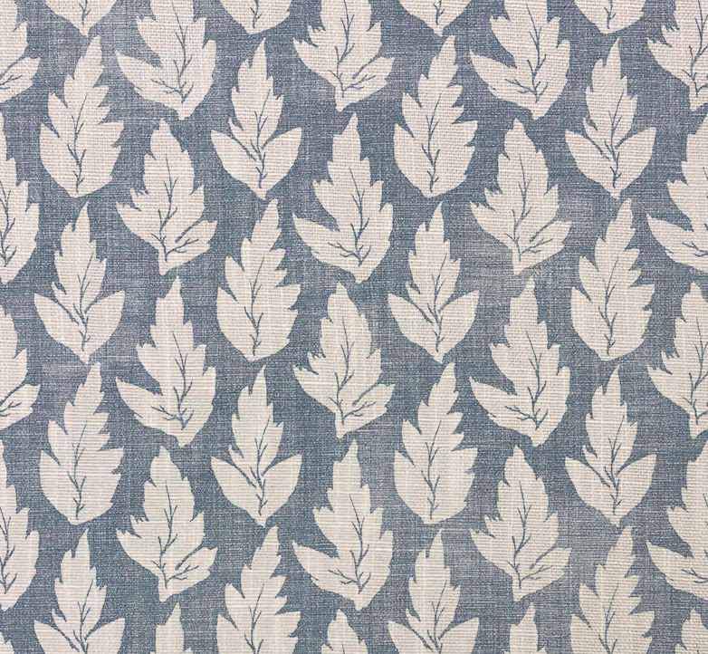 Blue-grey woven fabric with repeating ivory leaves and fine branching veins