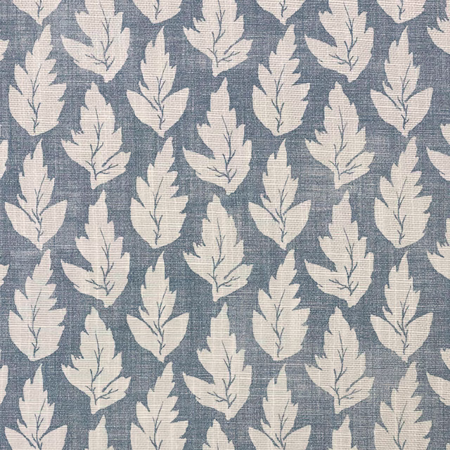 Blue-grey woven fabric with repeating ivory leaves and fine branching veins