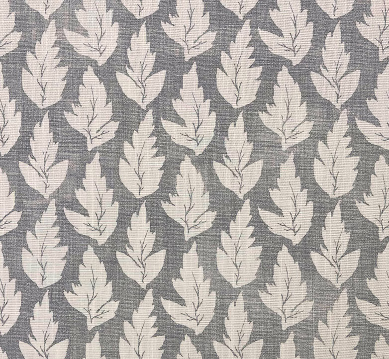 Cool grey textile with repeated ivory lobed leaves and visible crosshatched weave