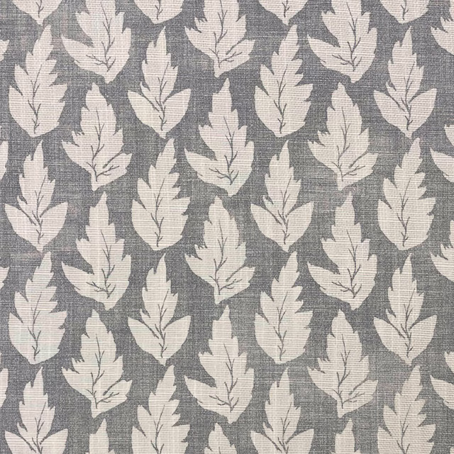 Cool grey textile with repeated ivory lobed leaves and visible crosshatched weave