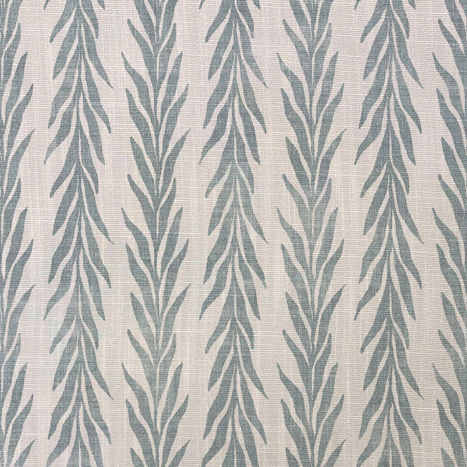 Cream woven ground with repeating cool blue-grey leafy stems and subtle texture