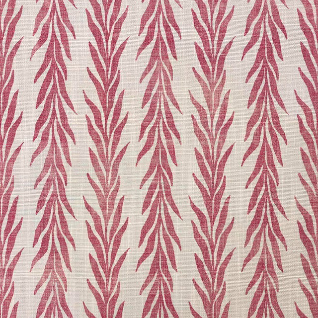 Ivory woven fabric with vertical dusty raspberry leaf columns and subtle slub texture