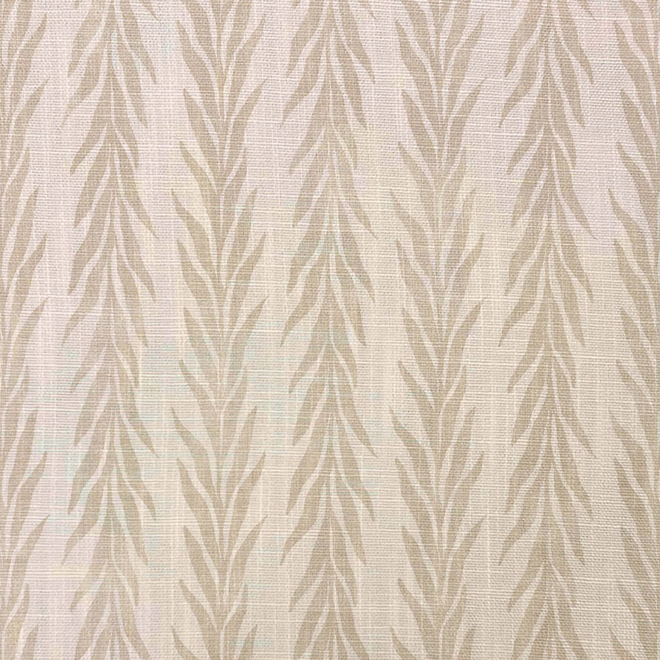 Pale beige woven swatch with muted taupe vertical leafy botanical branches