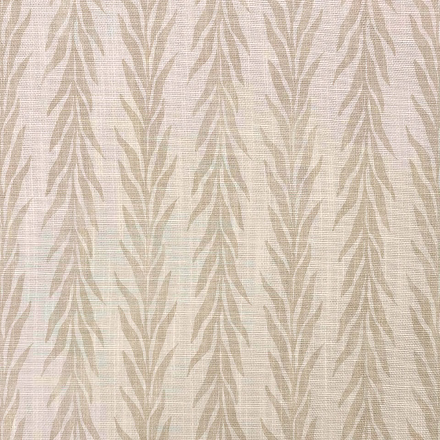 Pale beige woven swatch with muted taupe vertical leafy botanical branches