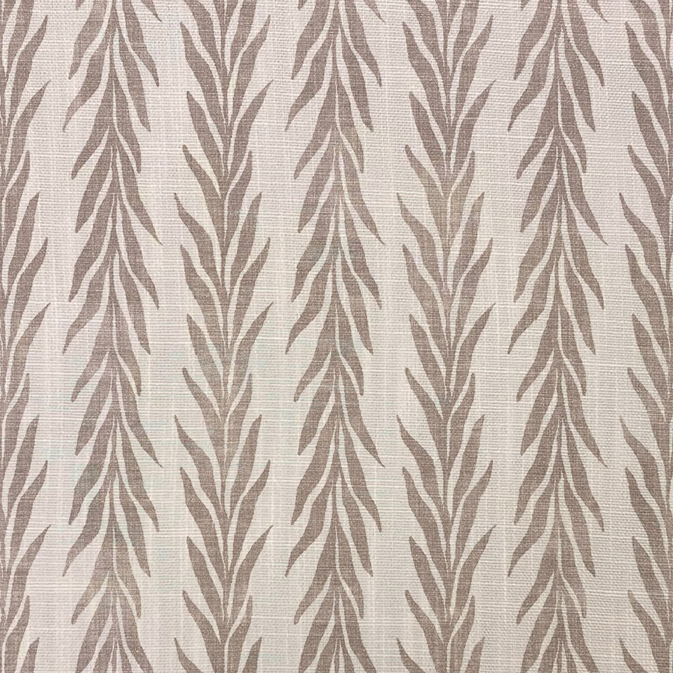 Warm ivory woven fabric with vertical taupe leaf sprays and fine texture