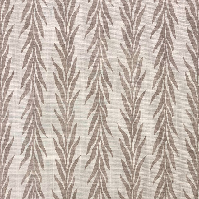 Warm ivory woven fabric with vertical taupe leaf sprays and fine texture