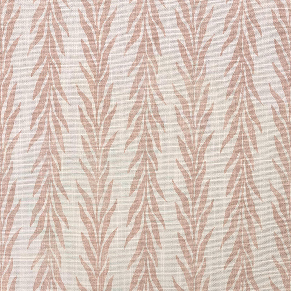 Dusty blush branching leaf stripes on a warm ivory textured woven fabric