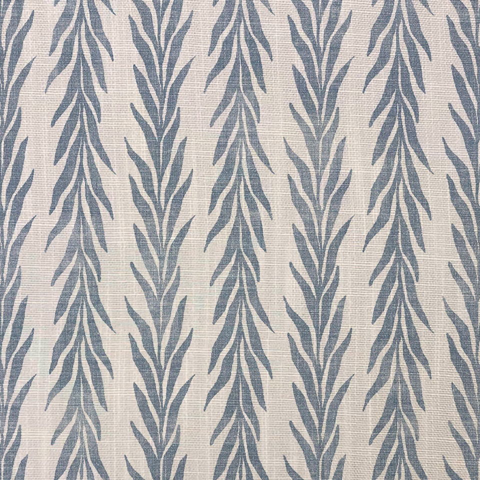 Oatmeal woven fabric with repeating blue-grey leafy sprigs in vertical rows