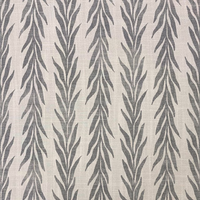 Warm ivory woven fabric with repeating charcoal-grey leafy vertical motifs