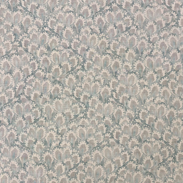 Misty sage blue-grey woven fabric with dense taupe and ivory floral motifs