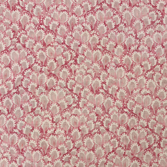Dusty rose woven ground with raspberry floral scrolls and pale petal details
