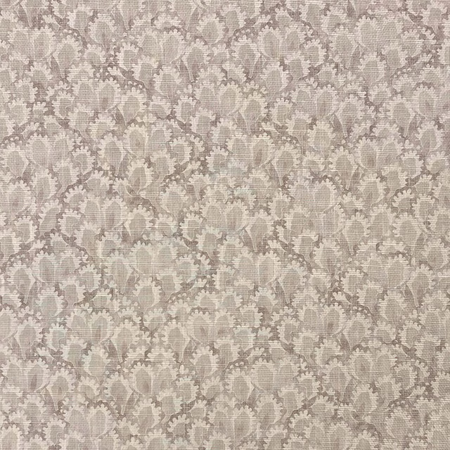 Pale taupe-grey woven floral fabric with fine ribbed texture and muted tonal pattern