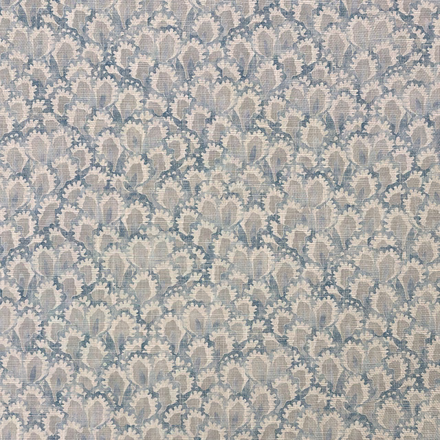 Dusty blue-grey woven fabric with small cream and taupe floral motifs