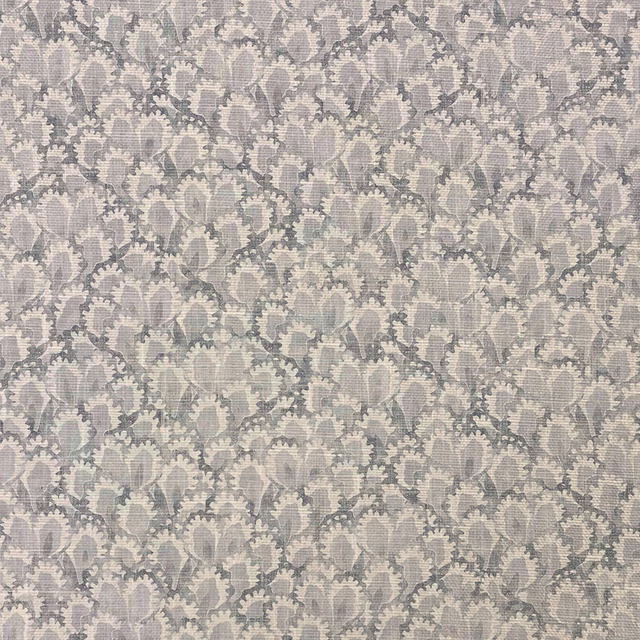 Soft grey-taupe woven fabric with dense muted floral and leafy motifs