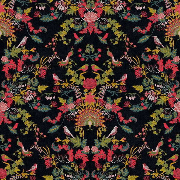 Near-black floral textile with scarlet blooms, lime foliage and paired birds