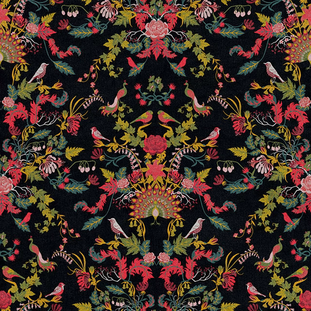 Near-black floral textile with scarlet blooms, lime foliage and paired birds