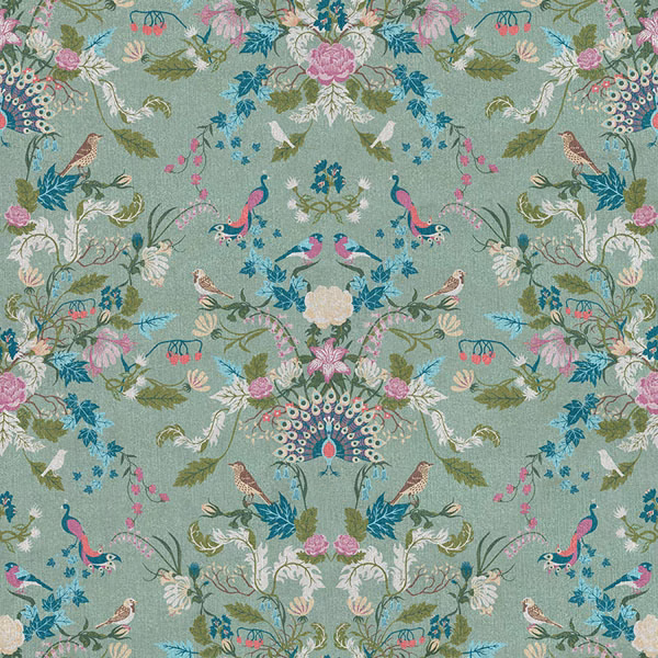 Muted peppermint-green fabric with mirrored peacocks, birds, flowers and teal foliage