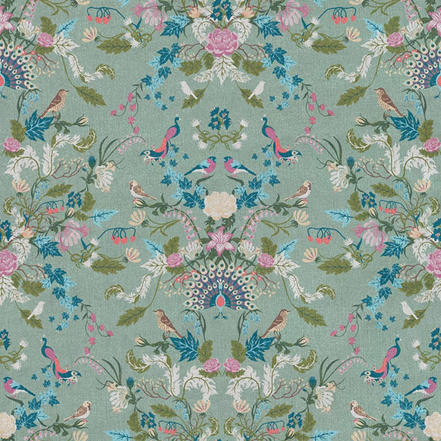 Muted peppermint-green fabric with mirrored peacocks, birds, flowers and teal foliage
