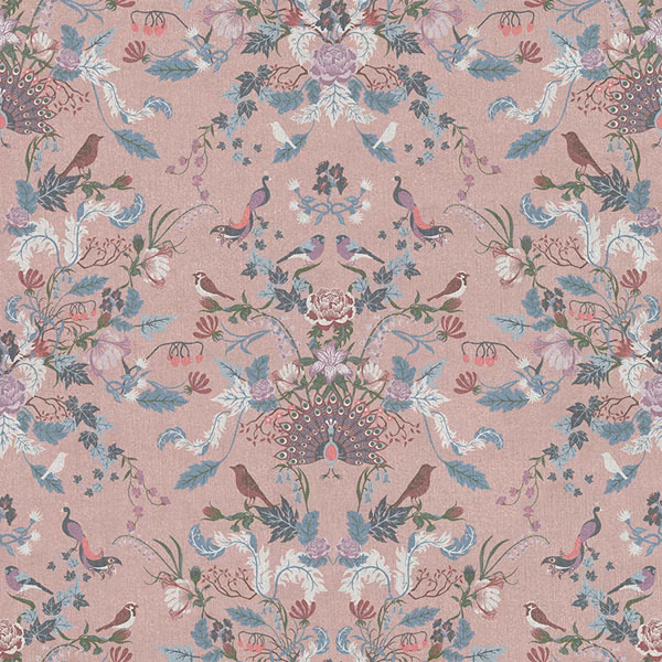 Dusty rose fabric with peacocks, songbirds and blue-green trailing flowers
