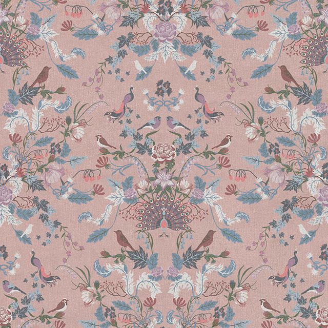 Dusty rose fabric with peacocks, songbirds and blue-green trailing flowers