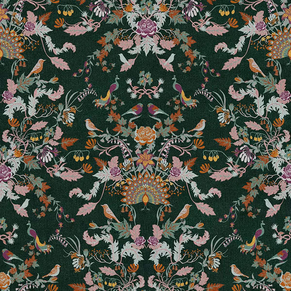 Deep verdant fabric with pink florals, paired birds and peacock motifs