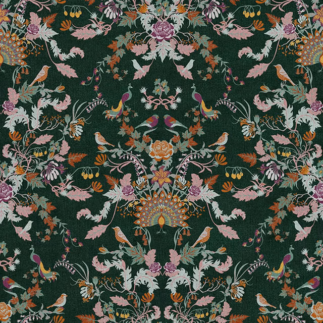 Deep verdant fabric with pink florals, paired birds and peacock motifs