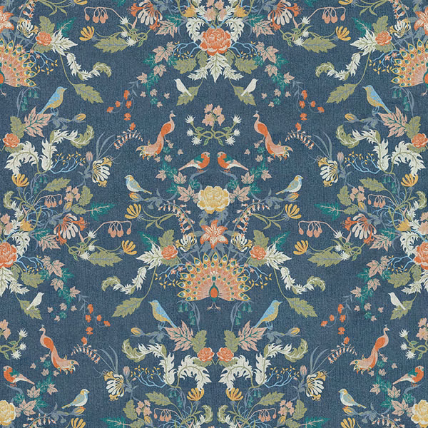 Muted teal-blue fabric with peacocks, songbirds and pale botanical sprays