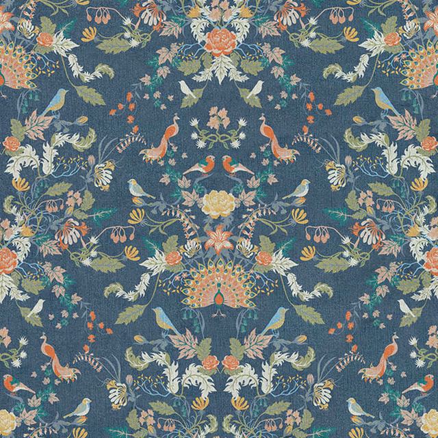 Muted teal-blue fabric with peacocks, songbirds and pale botanical sprays