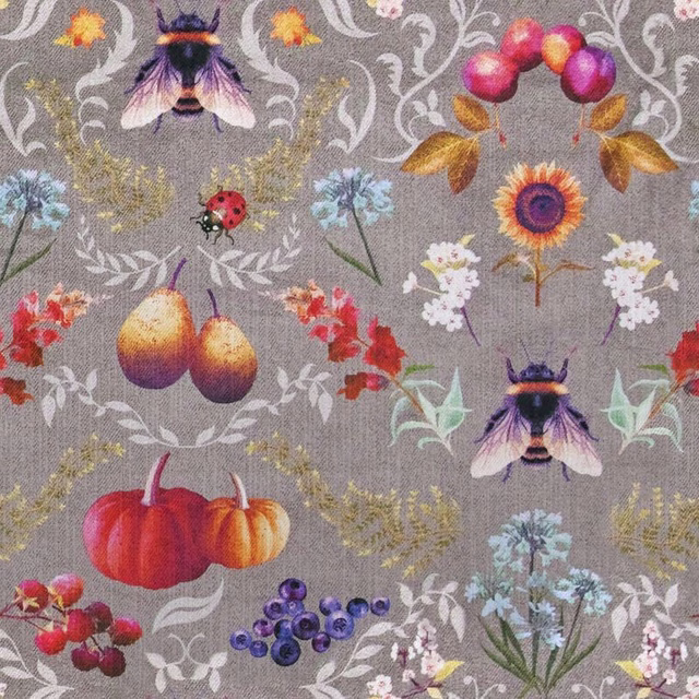 Grey-taupe botanical fabric with bees, pumpkins, berries and white curling stems