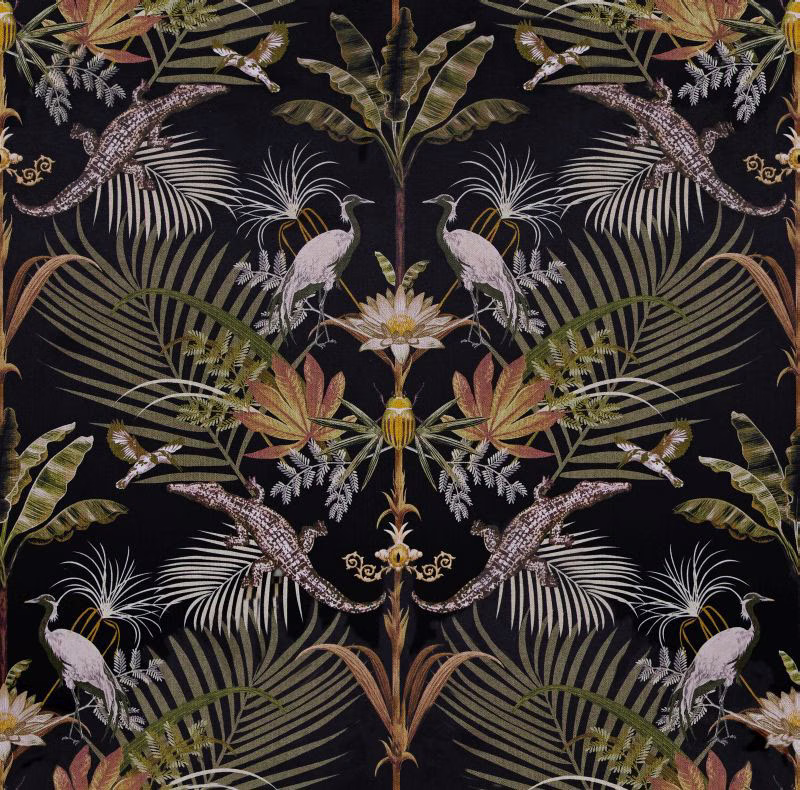 Near-black fabric with mirrored cranes, crocodiles and muted tropical foliage