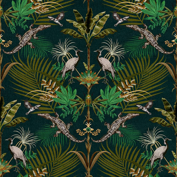 Deep forest-green fabric with crocodiles, pale birds and layered tropical foliage