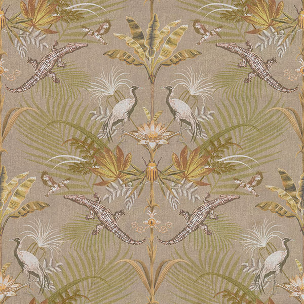 Muted olive taupe fabric with crocodiles, birds and tropical botanical foliage