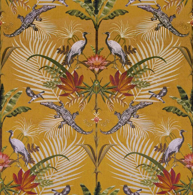 Ochre fabric with mirrored crocodiles, pale birds, palms and red tropical flowers