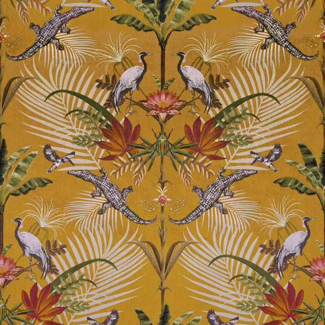 Ochre fabric with mirrored crocodiles, pale birds, palms and red tropical flowers