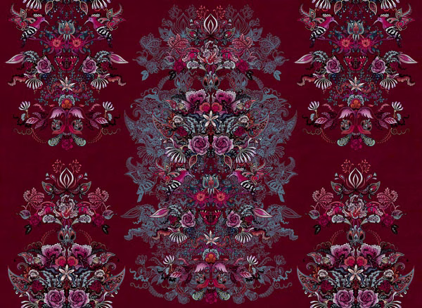 Deep burgundy fabric with symmetrical floral panels in pink, charcoal and pale blue-grey
