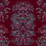 Deep burgundy fabric with symmetrical floral panels in pink, charcoal and pale blue-grey