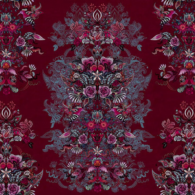 Deep burgundy fabric with symmetrical floral panels in pink, charcoal and pale blue-grey
