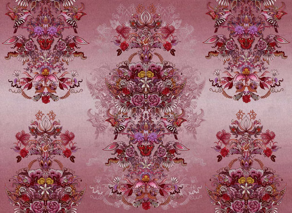 Dusty rose Eden Bloom fabric with ornate mirrored floral bouquets and fine pale tracery
